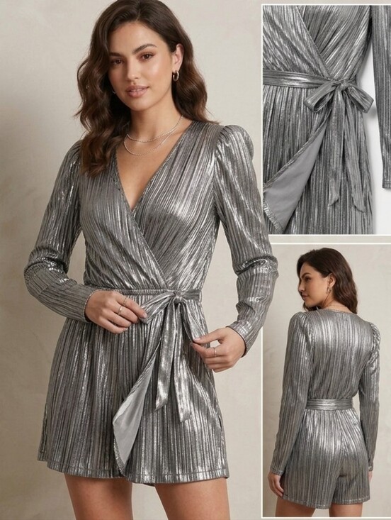 H&M Pants - NWT H&M Metallic Silver Plissé Long Sleeve True Wrap Romper M